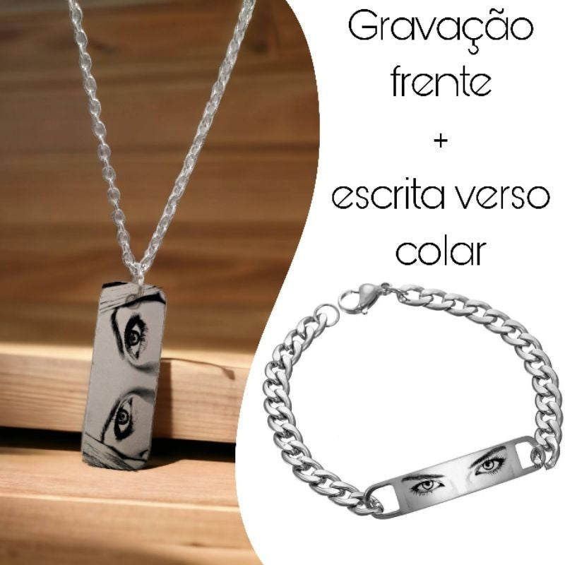 Conjunto Colar + Pulseira Plaquinha Olhar Personalizada